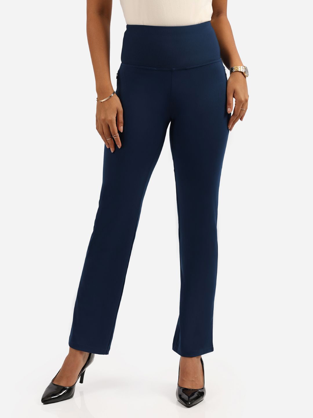 

Blissclub Women Straight Fit High-Rise Wrinkle Free Trousers, Navy blue