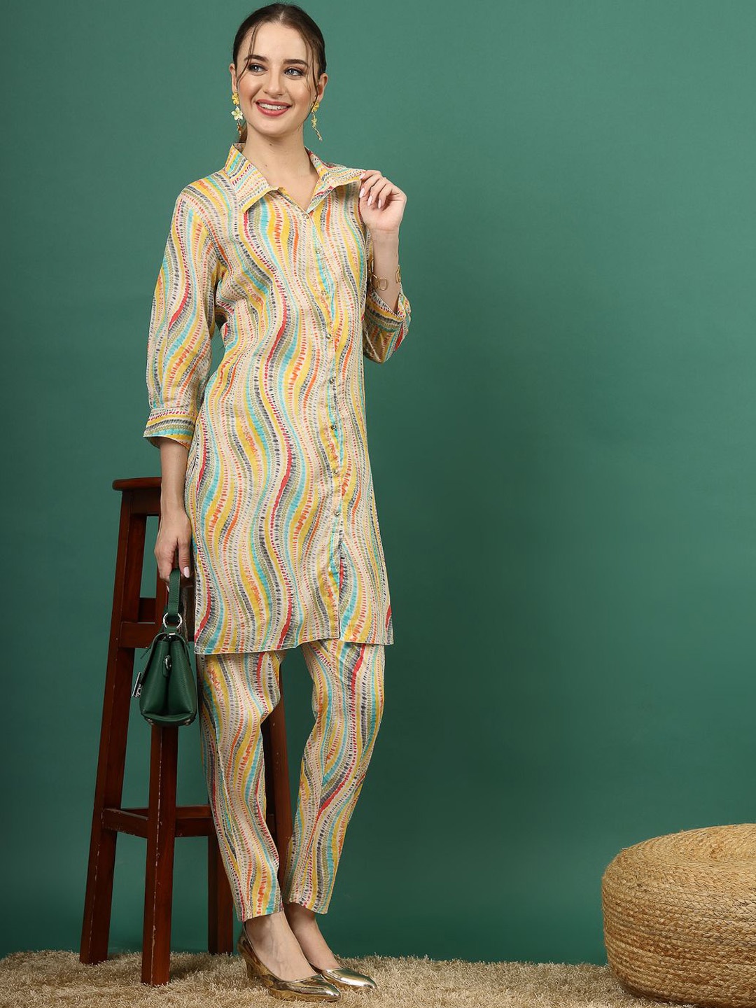 

Sangria Printed Shirt Collar Pure Cotton Straight Kurta With Trousers, White