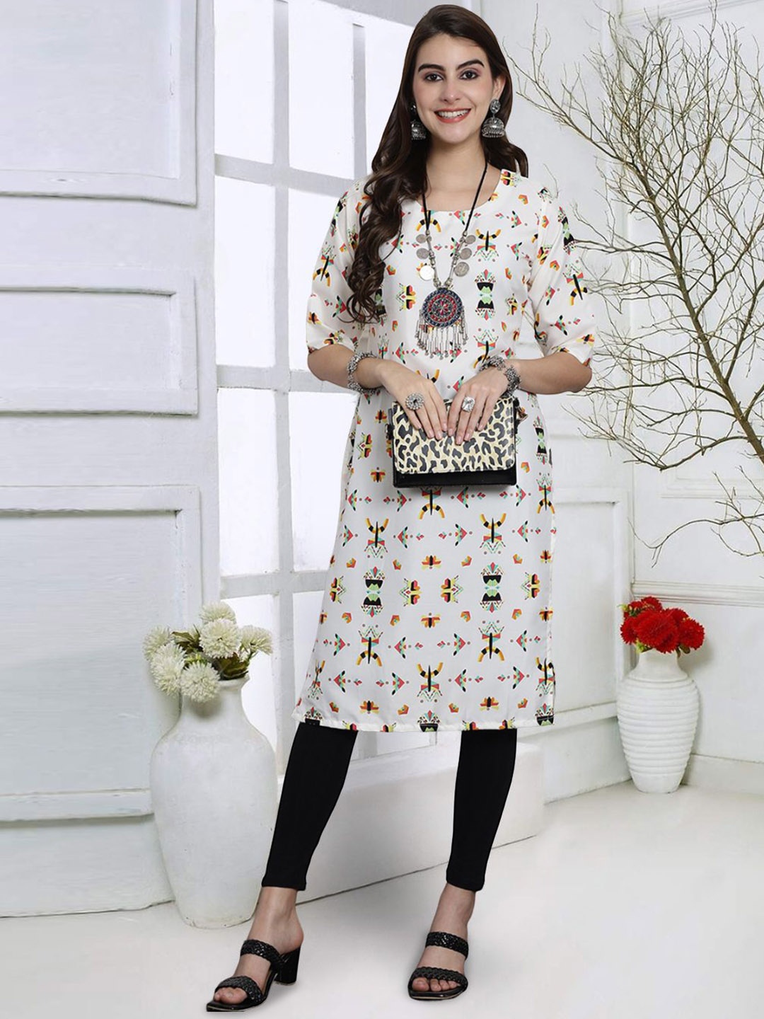 

7Threads Ethnic Motifs Printed Straight Kurta, White