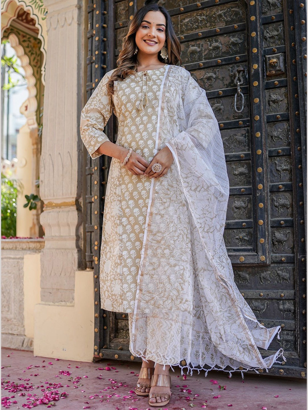 

Benaaz Floral Printed Pure Cotton Straight Kurta With Trousers & Dupatta, Beige