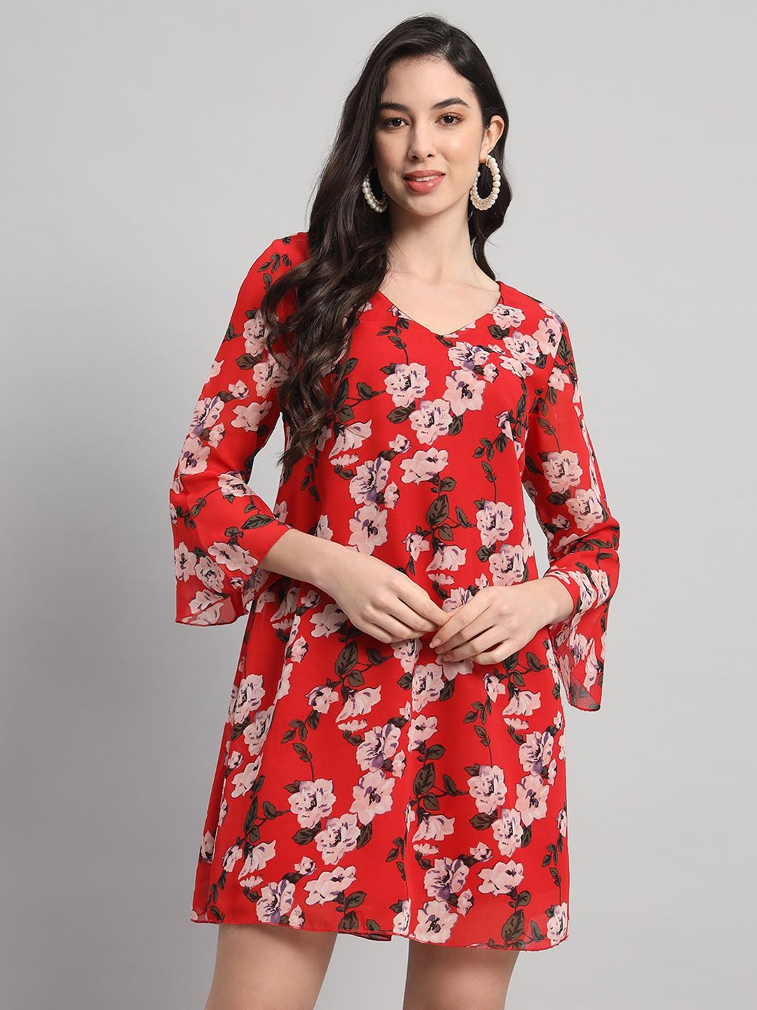 

SHUAN Floral Print Flared Sleeve A-Line Dress, Red