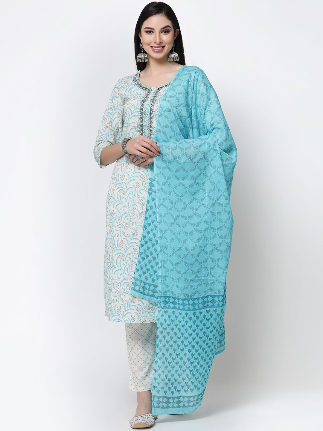 

Benaaz Ethnic Motifs Embroidered Pure Cotton Straight Kurta With Trousers & Dupatta, Cream