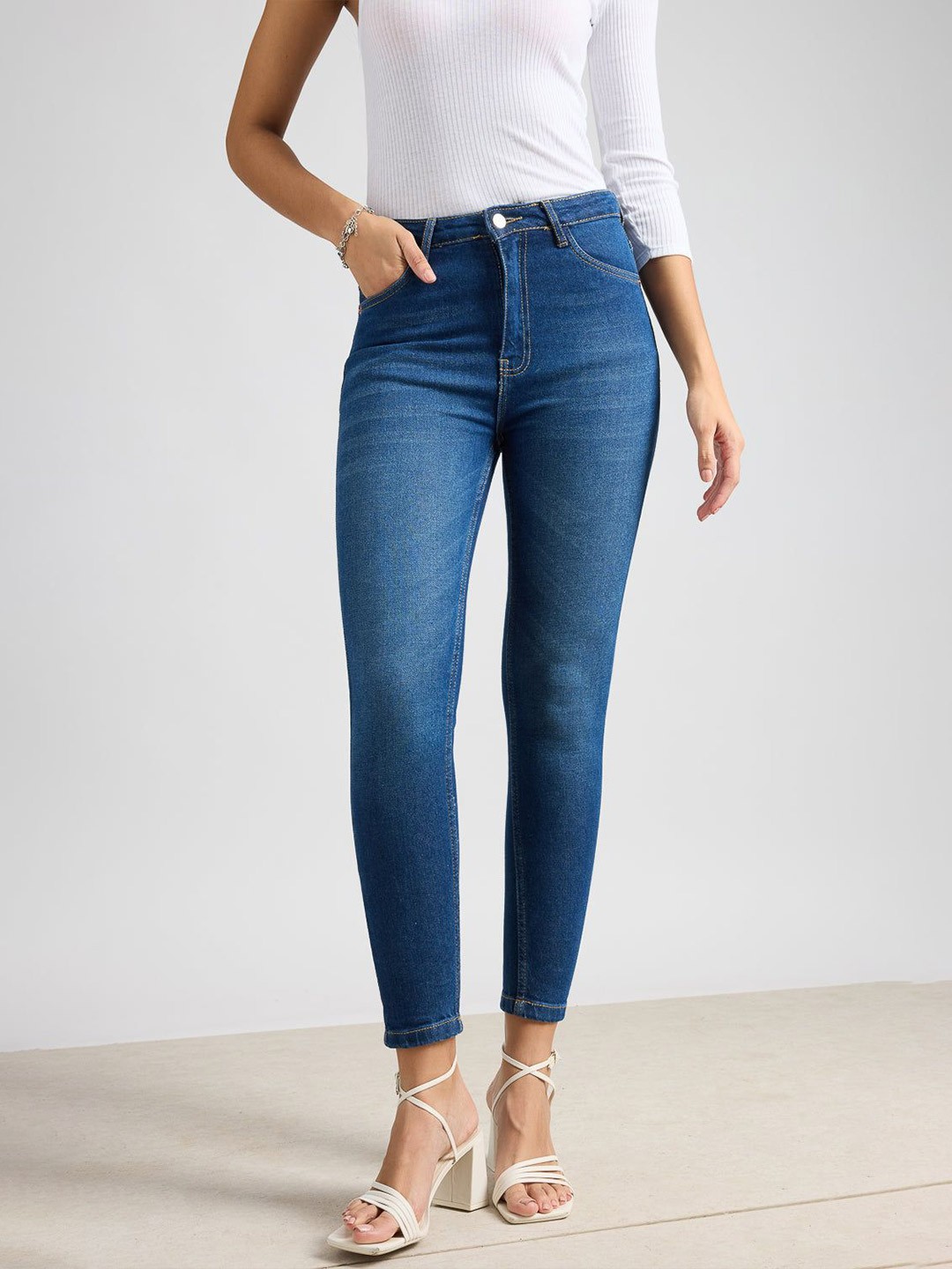 

FREAKINS Women Cotton Skinny Fit High-Rise Light Fade Stretchable Jeans, Blue
