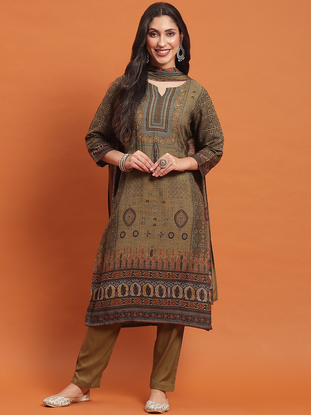 

Shree Ethnic Motifs Printed Straight Kurta with Trousers & Dupatta, Olive