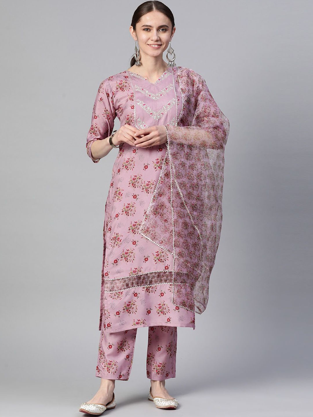 

KAVINDI Floral Printed Thread Work Silk Chiffon Straight Kurta With Trousers & Dupatta, Mauve