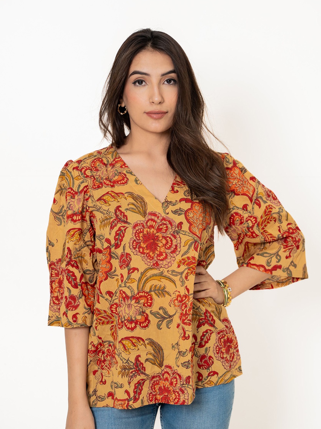 

GulaboJaipur Women Floral Printed V-Neck Cotton Top, Mustard
