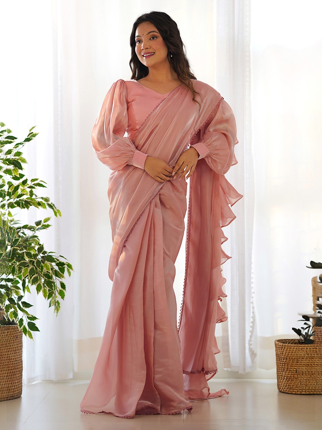 

LABELKBBRAND Organza Saree With Blouse, Peach