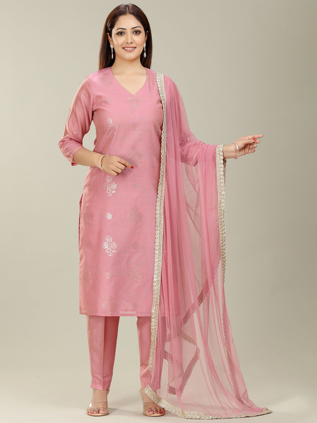 

COTTON CULTURE Floral Self Design Regular Sleeves Cotton Kurta with Trouser & Dupatta, Peach