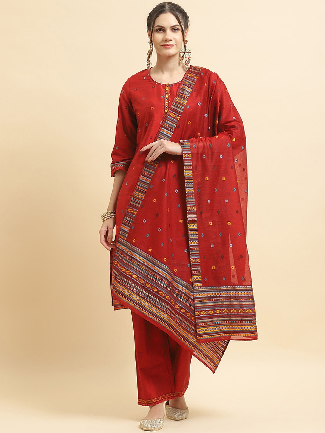 

Shree Geometric Woven Design Mirror Work Straight Kurta With Trousers & Dupatta, Red