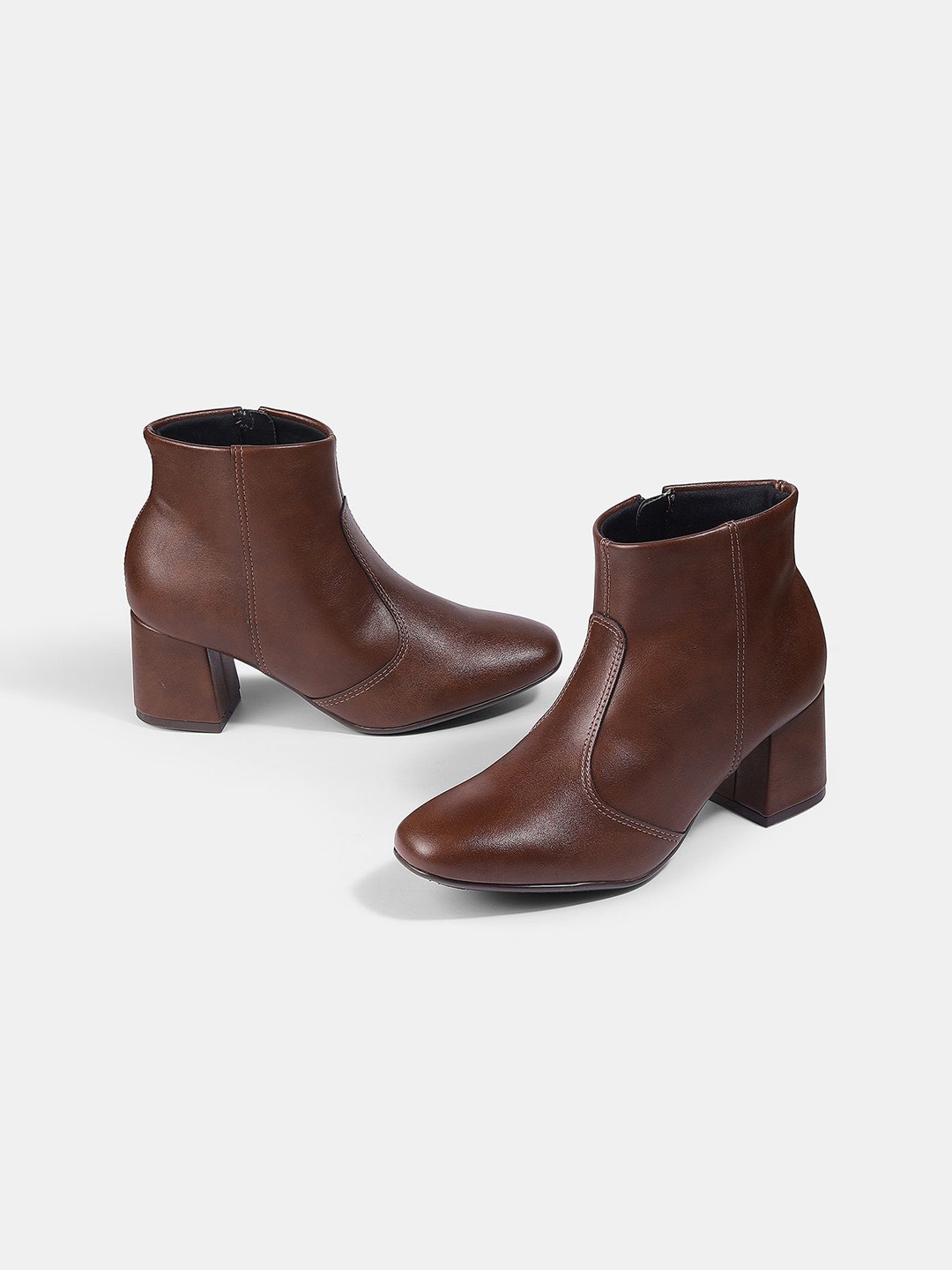 

LEMON & PEPPER Women Block Heeled Chunky Boots, Coffee brown