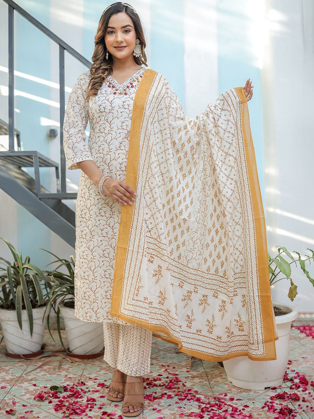 

Benaaz Floral Printed Straight Pure Cotton Mirror Work Kurta with Trousers & With Dupatta, White