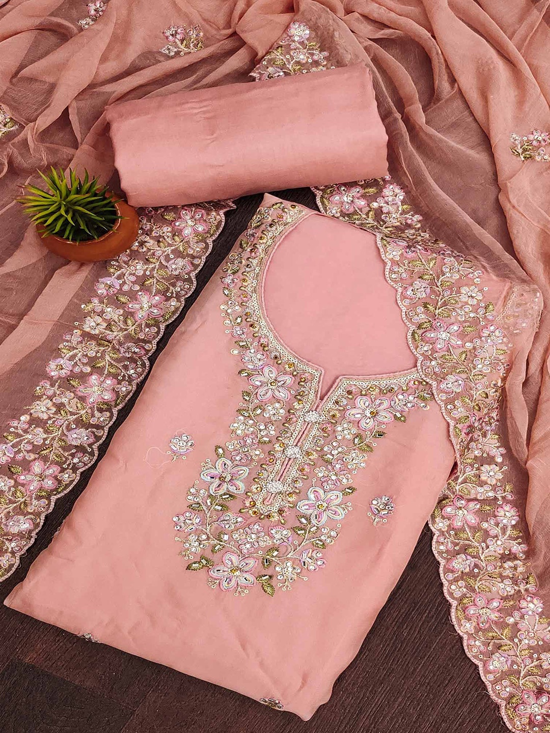 

Peachmode Embroidered Organza Unstitched Dress Material, Peach