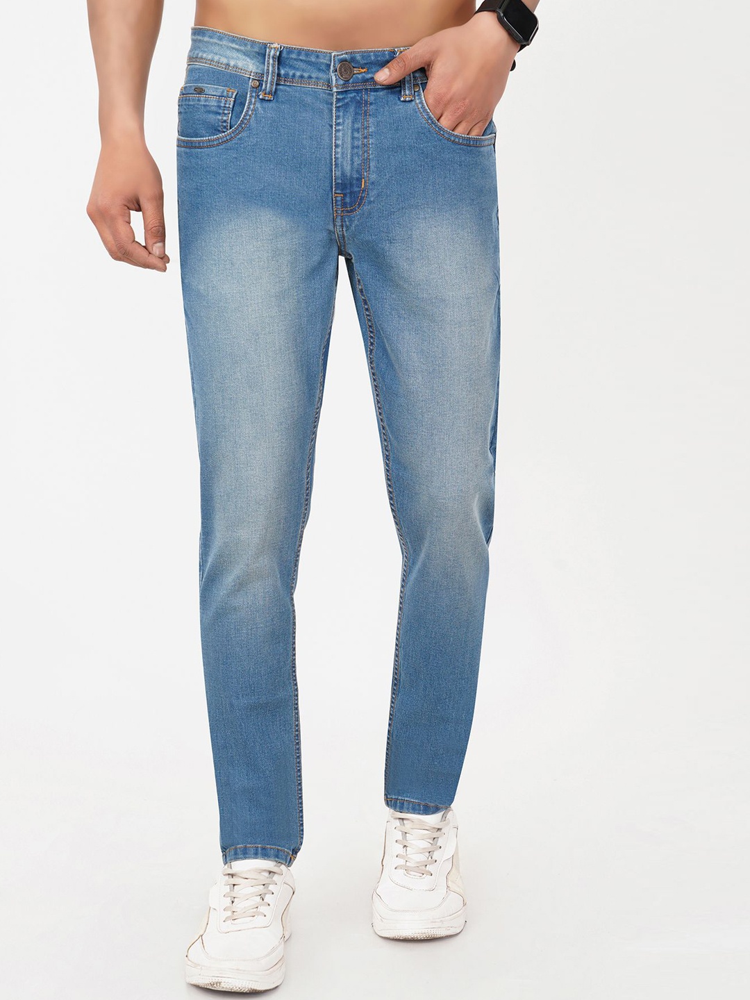 

MEGHZ Men Cropped Slim Fit Mid-Rise Light Fade Stretchable Jeans, Blue