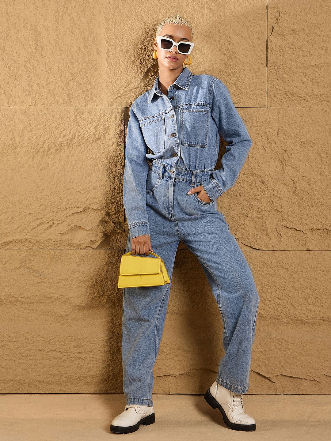 

SASSAFRAS Cotton Full Sleeve Basic Jumpsuit, Blue