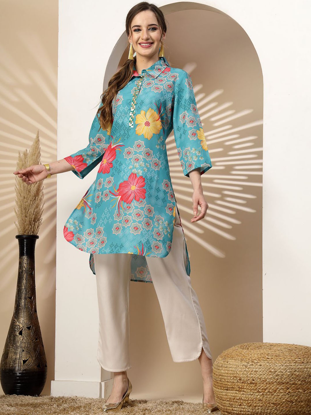 

Nayam By Lakshita Floral Printed Shirt Collar Cotton Straight Kurta, Green