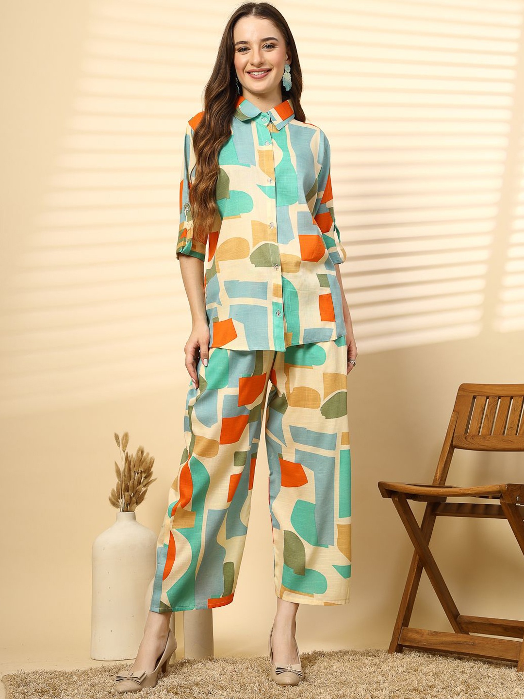 

Clora Creation Geometric Printed Shirt With Palazzo, Teal