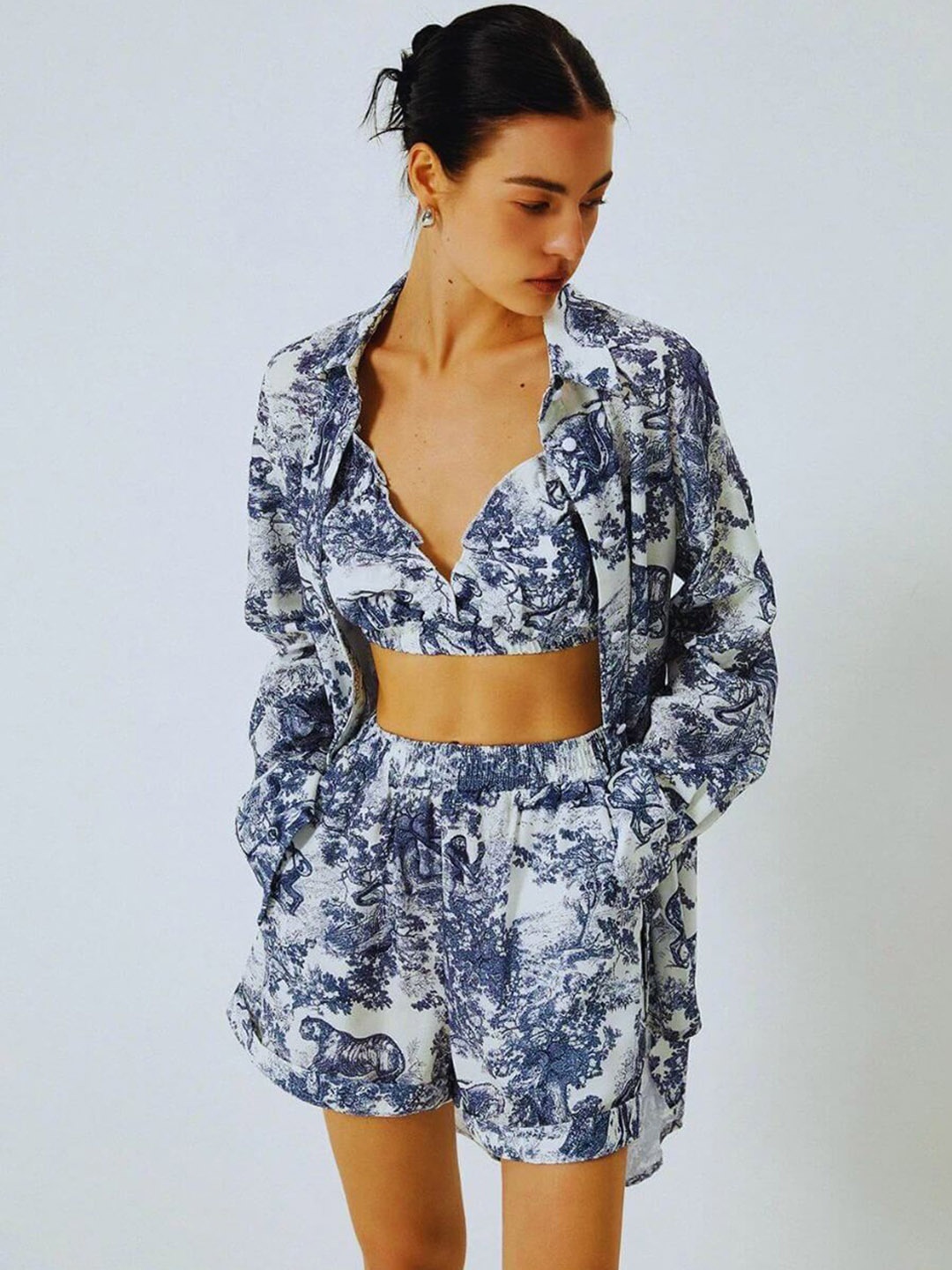 

FancyPants Dream Printed Relaxed Fit Shirt & Shorts With Bralette, Blue