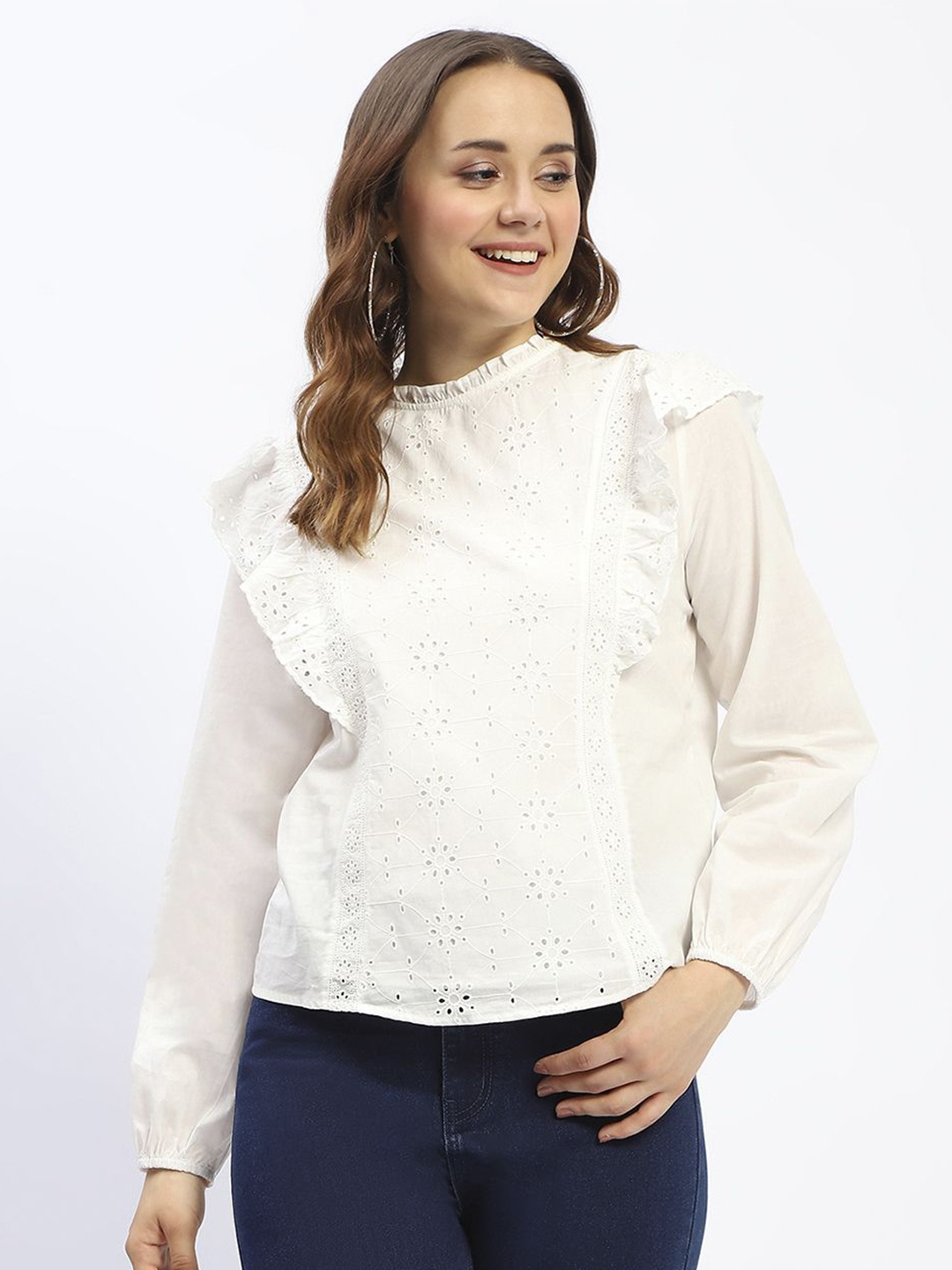 

Madame Women Self Design Schiffli Round Neck Cotton Top, Off white