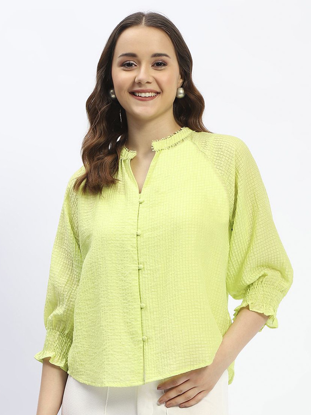 

Madame Women Solid Mandarin Collar Nylon Top, Green