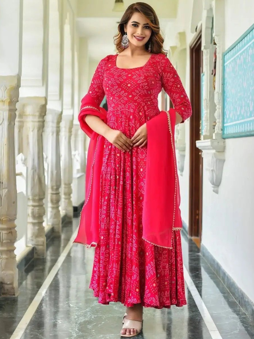 

GoSriKi Bandhani Printed Anarkali Kurta With Trouser & Dupatta, Pink