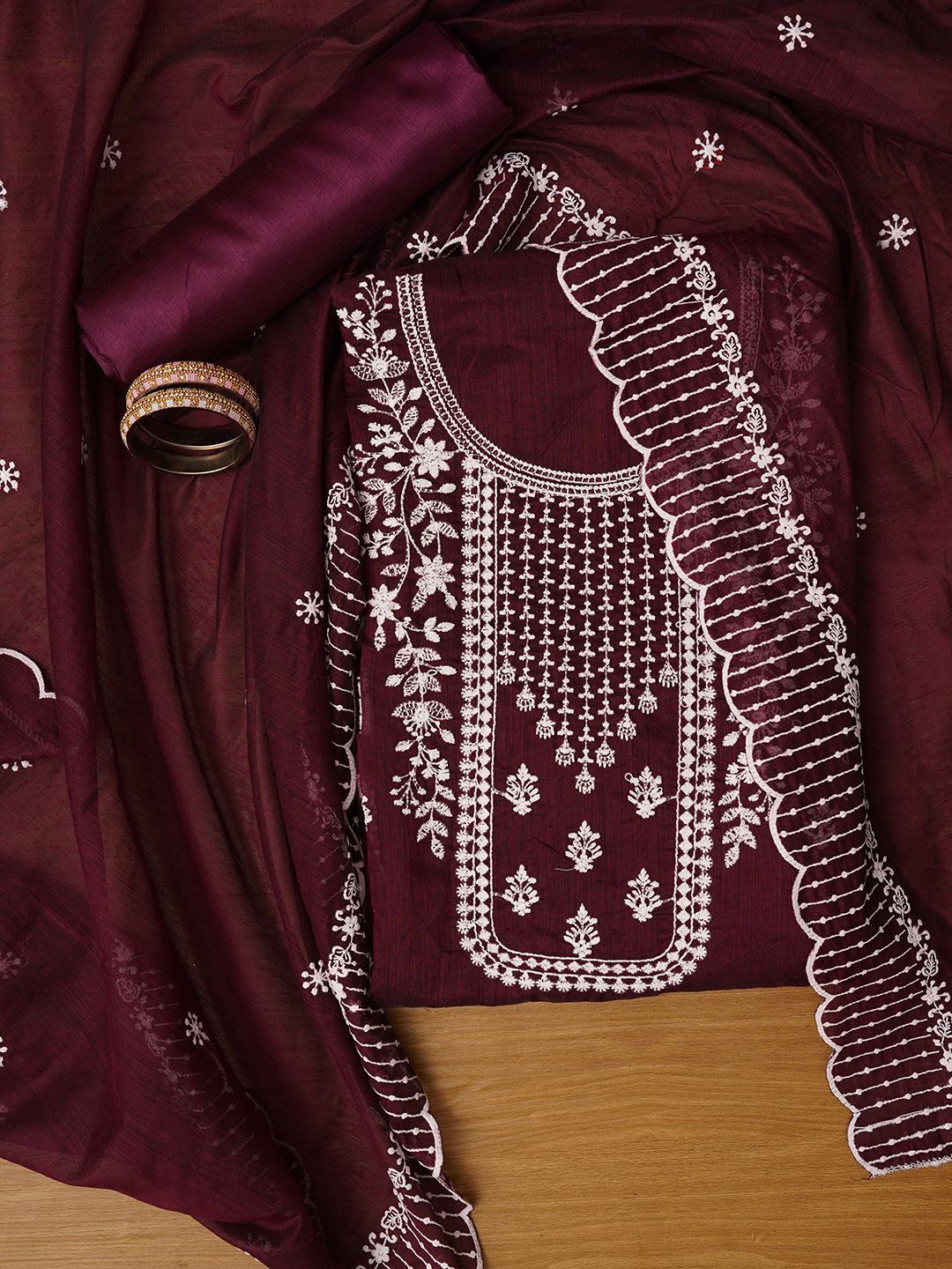 

Jaipur Kurti Unstitched Embroidered Cotton Blend Dress Material With Dupatta, Purple