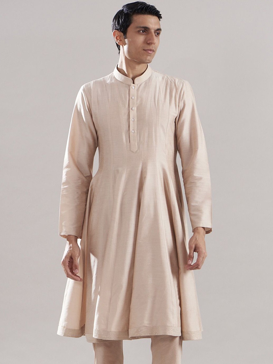 

ASUKA Panelled Raw Silk Kurta with Pyjamas & Waistcoat, Cream