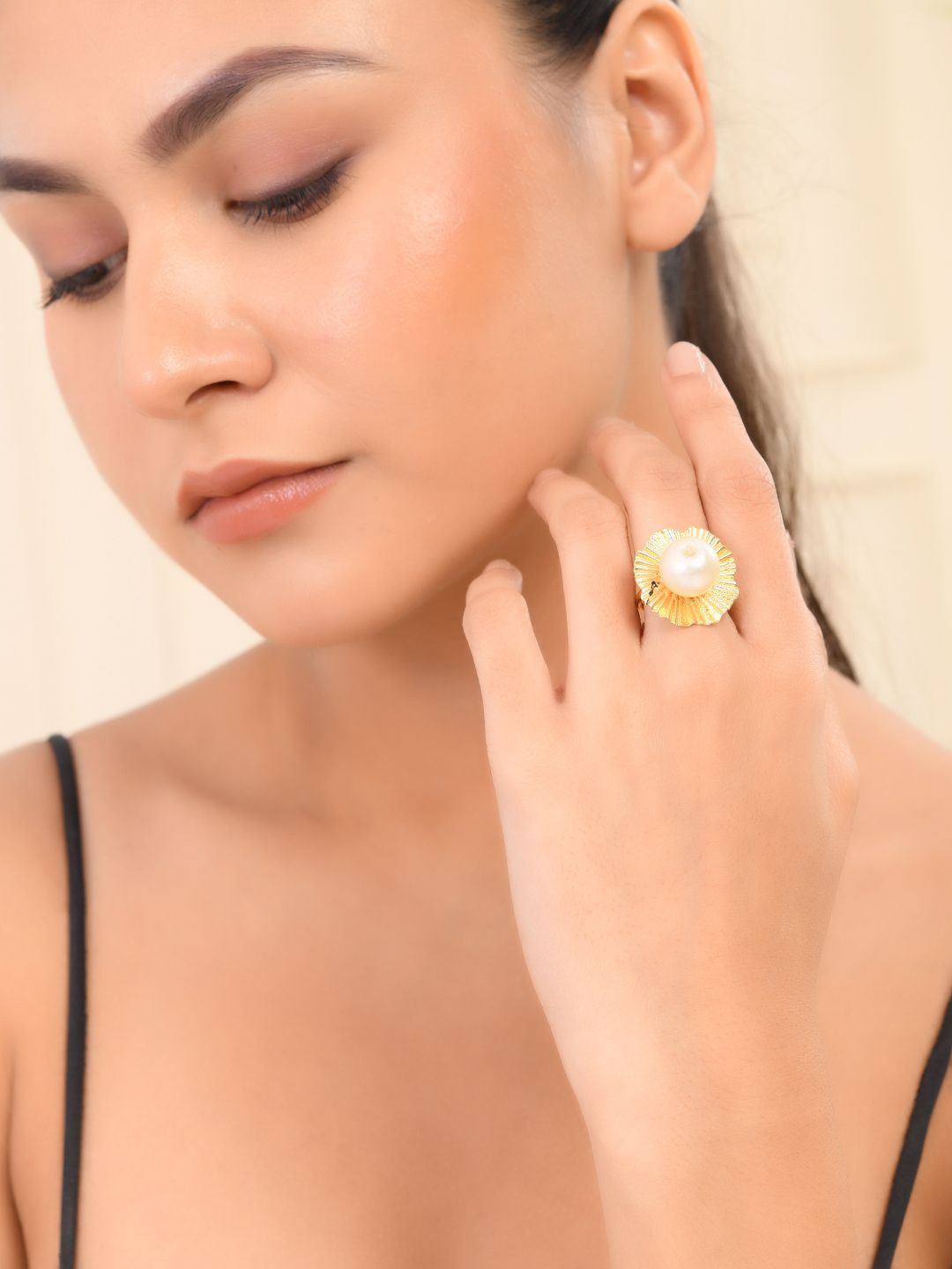 

Silvermerc Designs Gold-Plated Pearl-Studded Adjustable Finger Ring, White