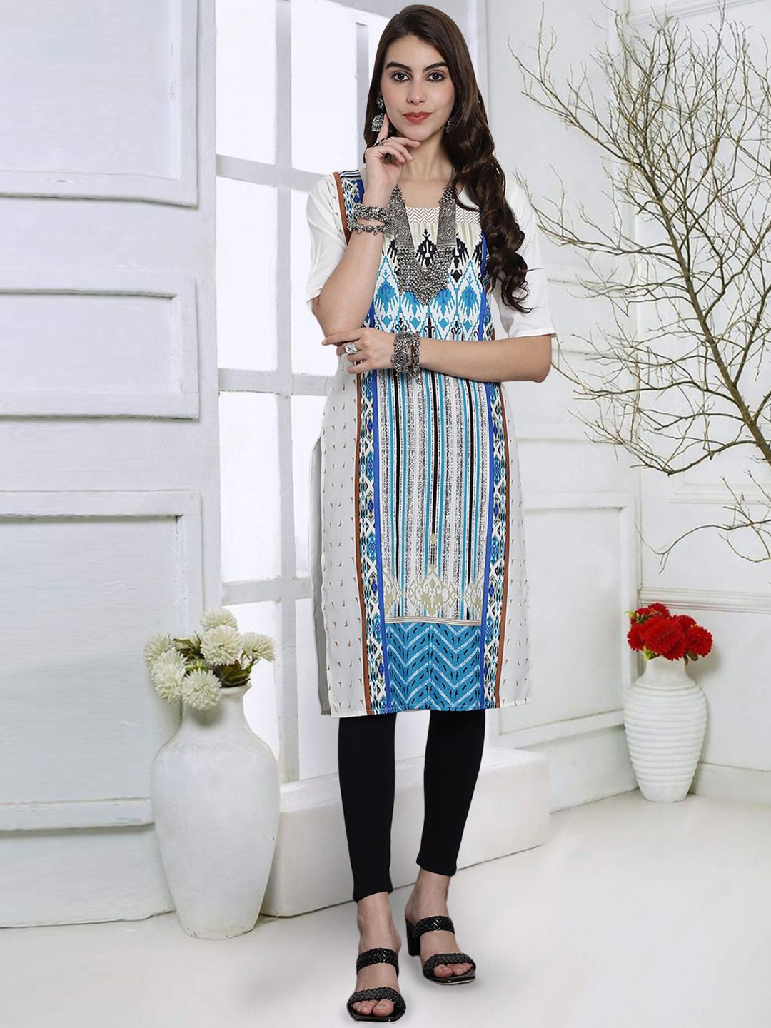 

7Threads Geometric Printed Round Neck Straight Kurta, White