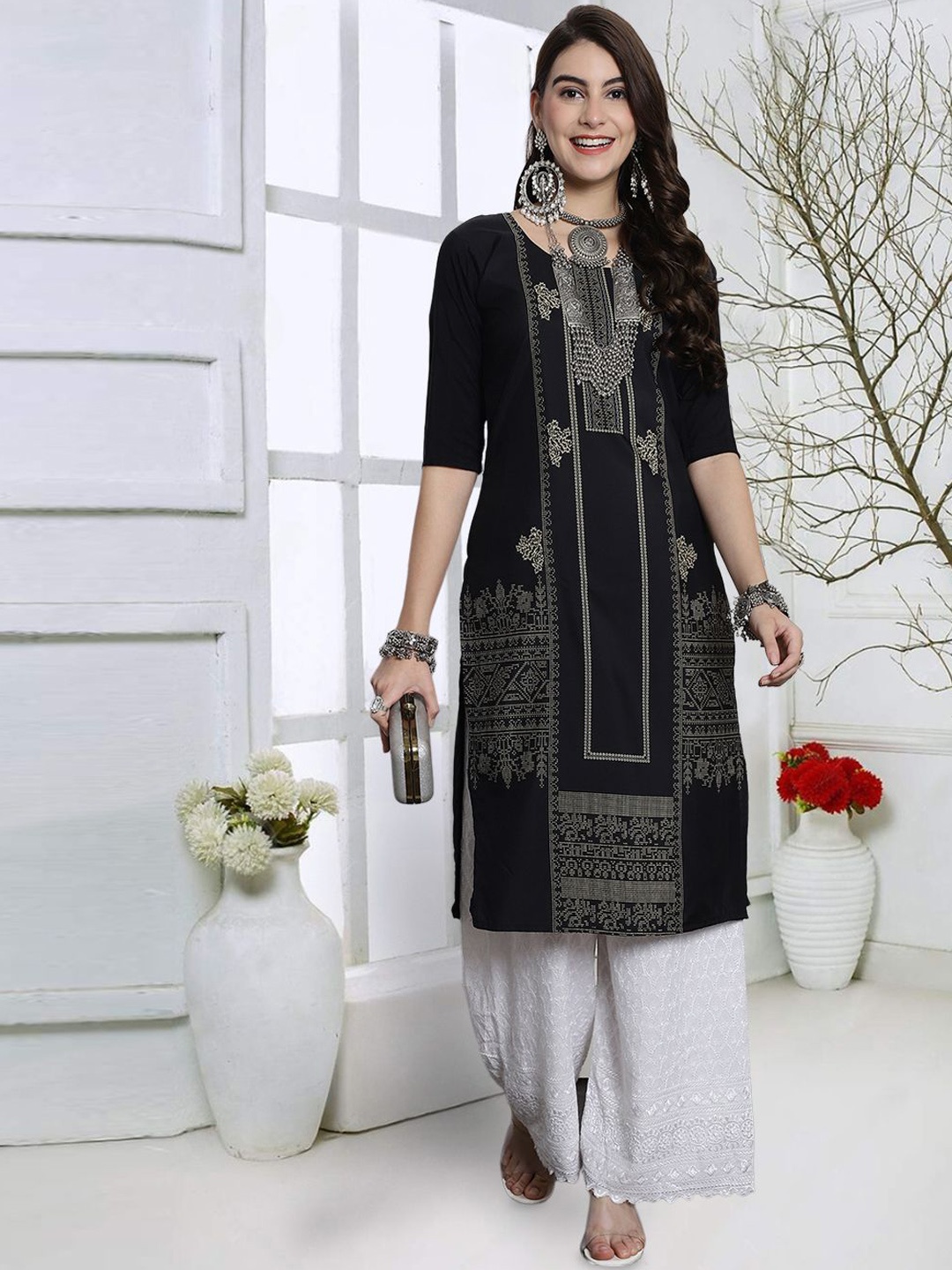 

KALINI Ethnic Motifs Round Neck Crepe Straight Kurta, Black