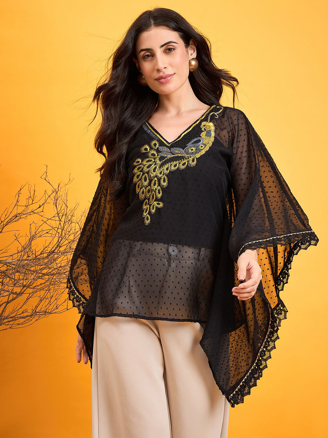 

The Kaftan Company Women Self Design V-Neck Top, Black