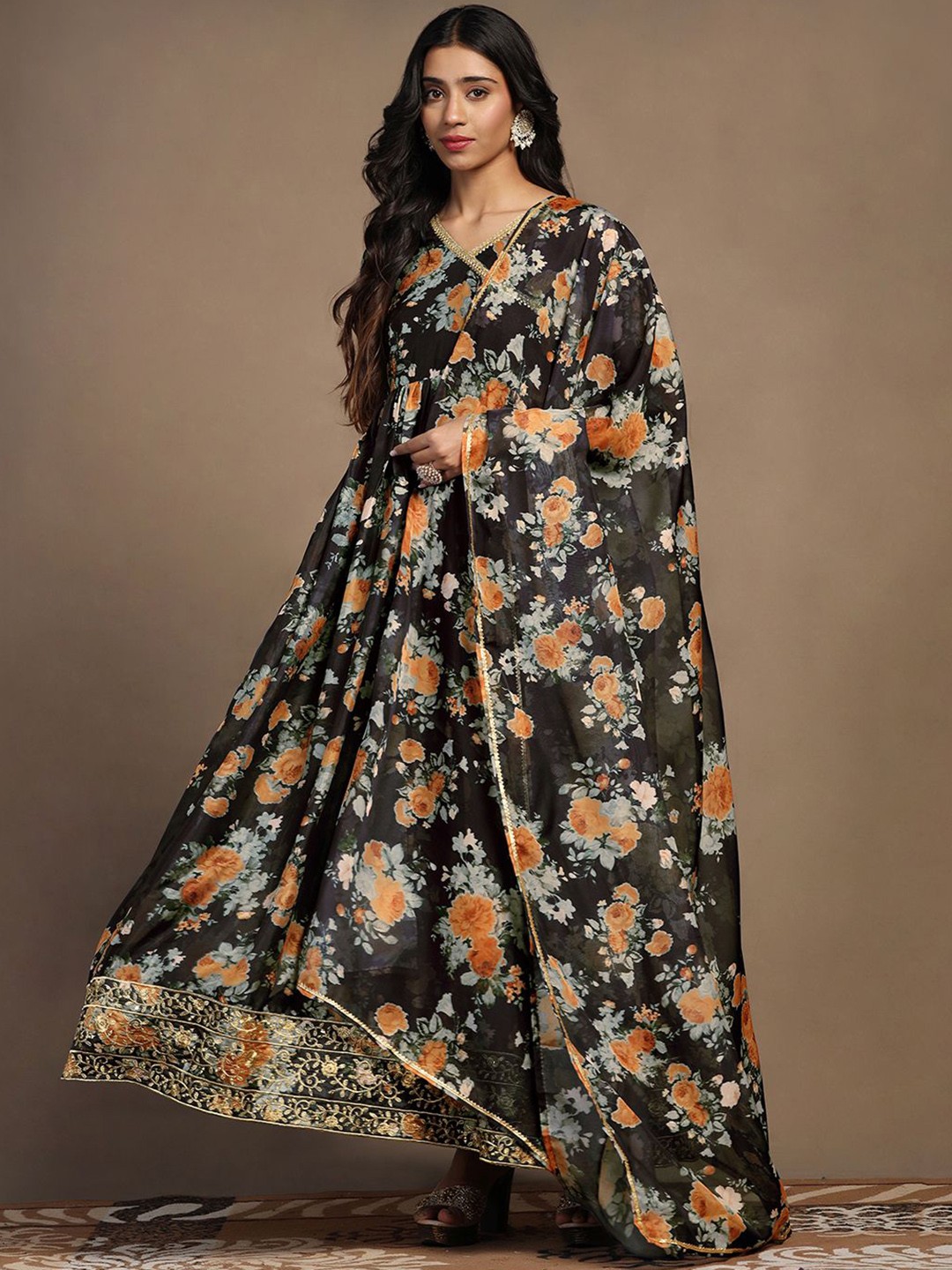 

BAESD Printed A-Line Maxi Ethnic Dress With Dupatta, Black