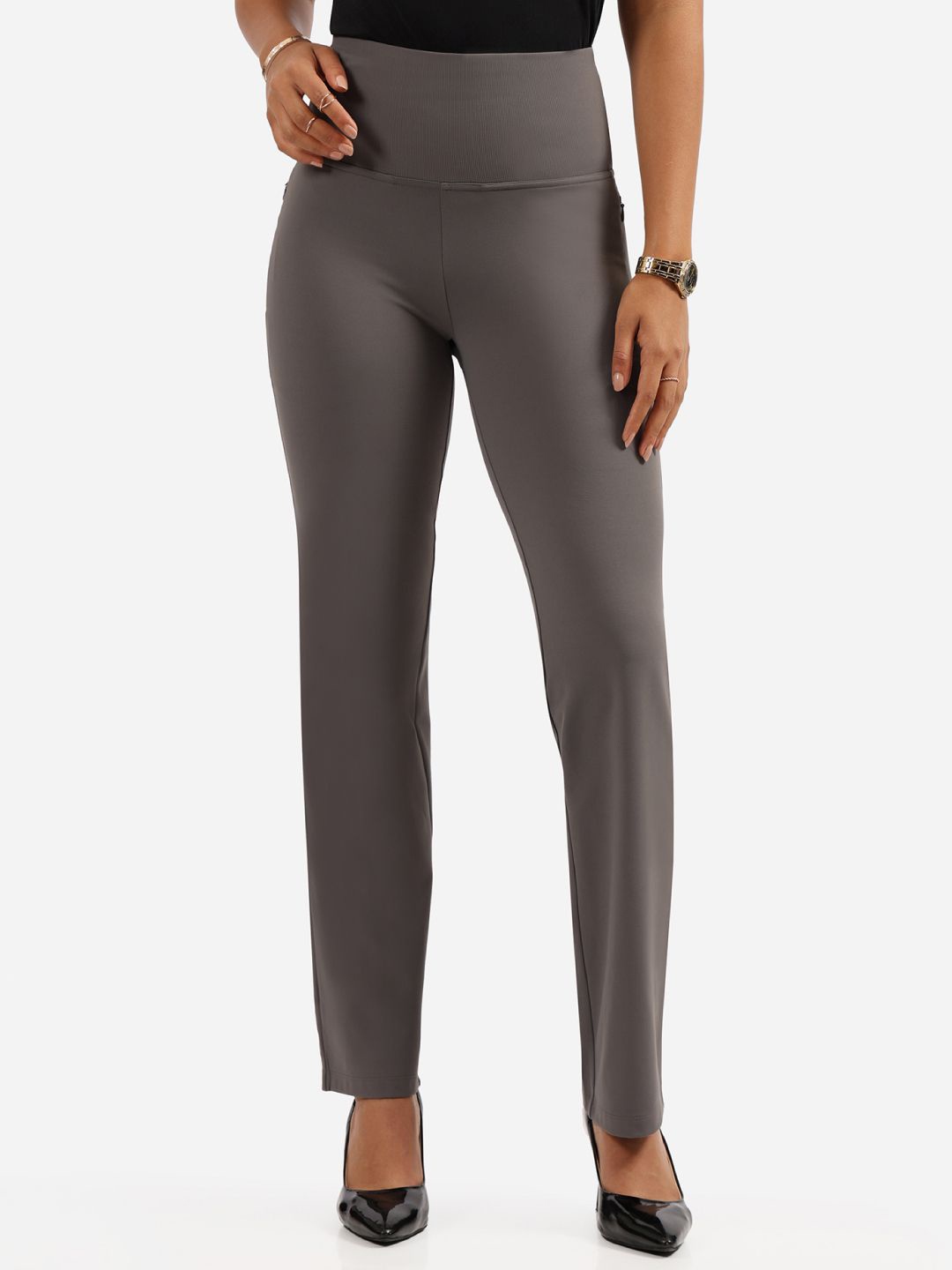 

Blissclub Women Straight Fit High-Rise Wrinkle Free Trousers, Grey