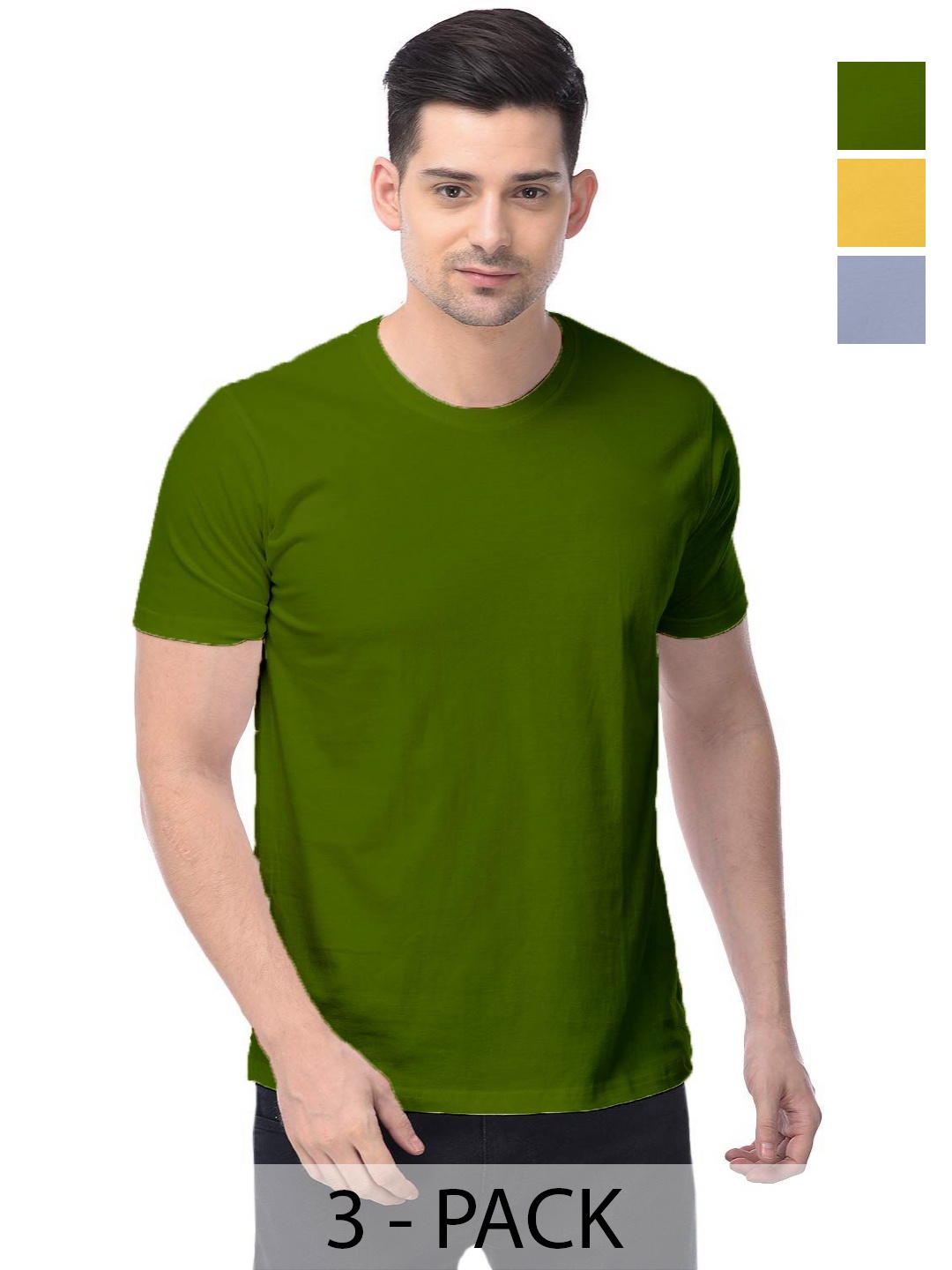 

COLOR CAPITAL Unisex Pack Of 3 Solid Round Neck Cotton T-shirts, Olive