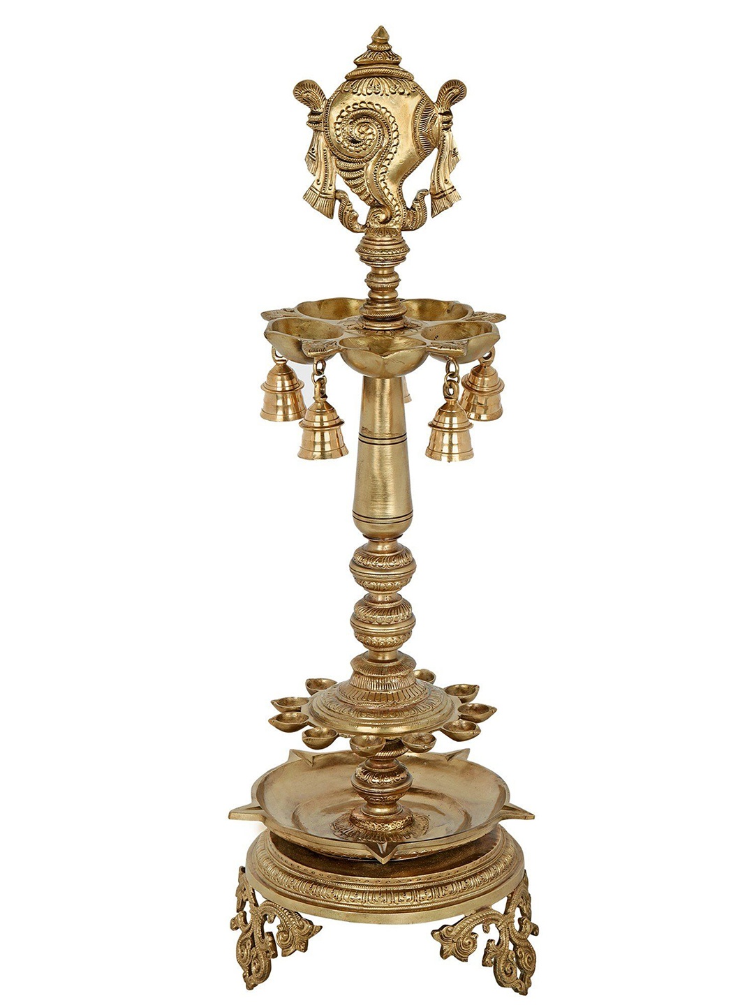 

Exotic India Vaishnava Symbol (Conch) Multi Wick Lamp with Bells - Hoysala Art in Bronze, Gold