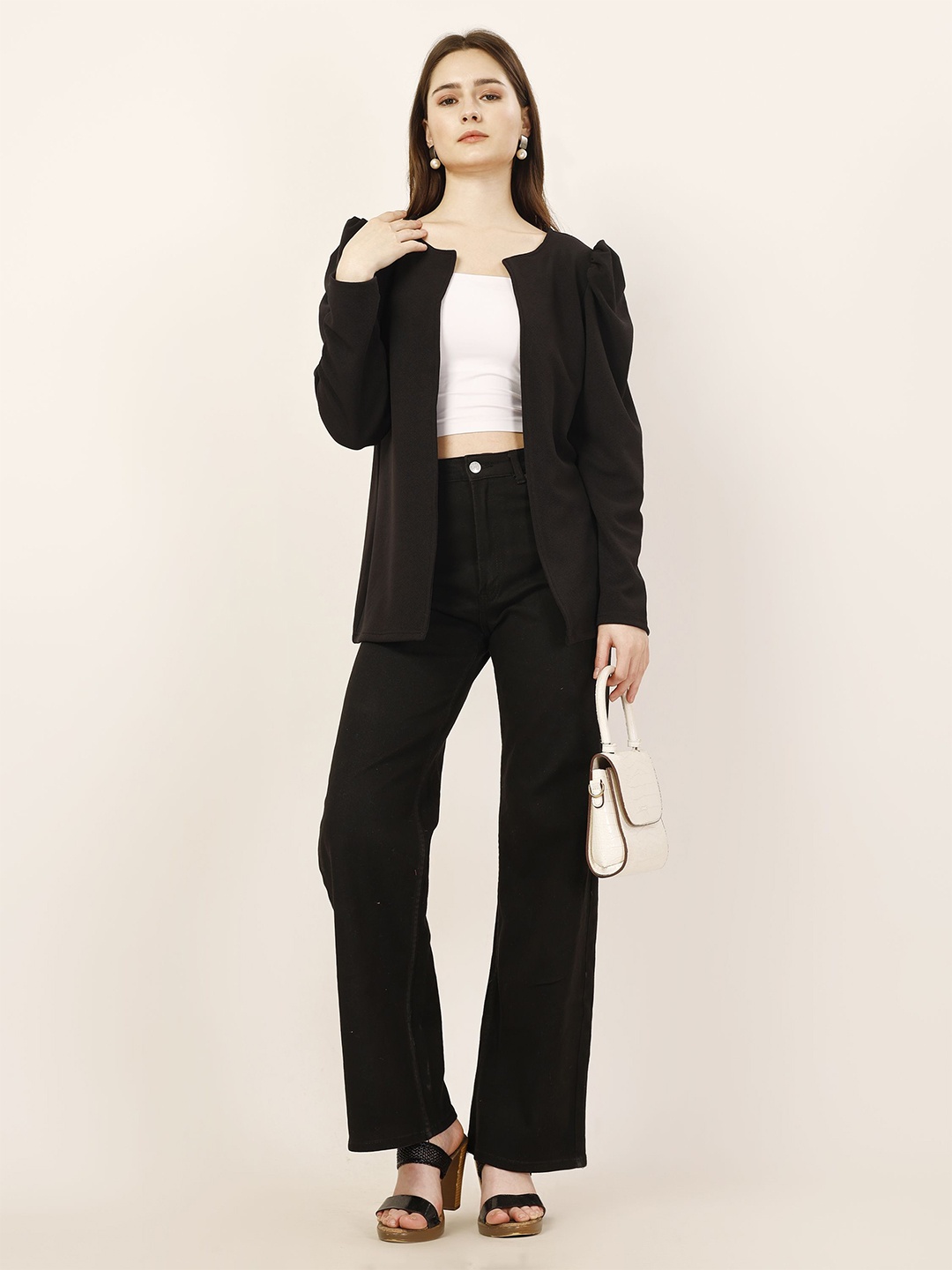

Murcia Puff Sleeves Open Front Party Shrug, Black