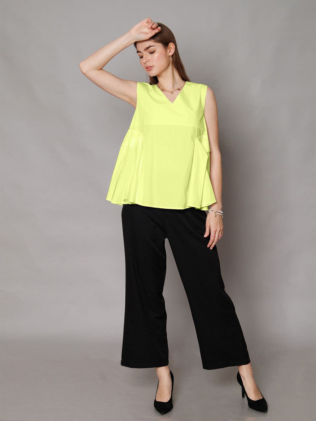 

Zink London Women Solid V-Neck Cotton Top, Lime green