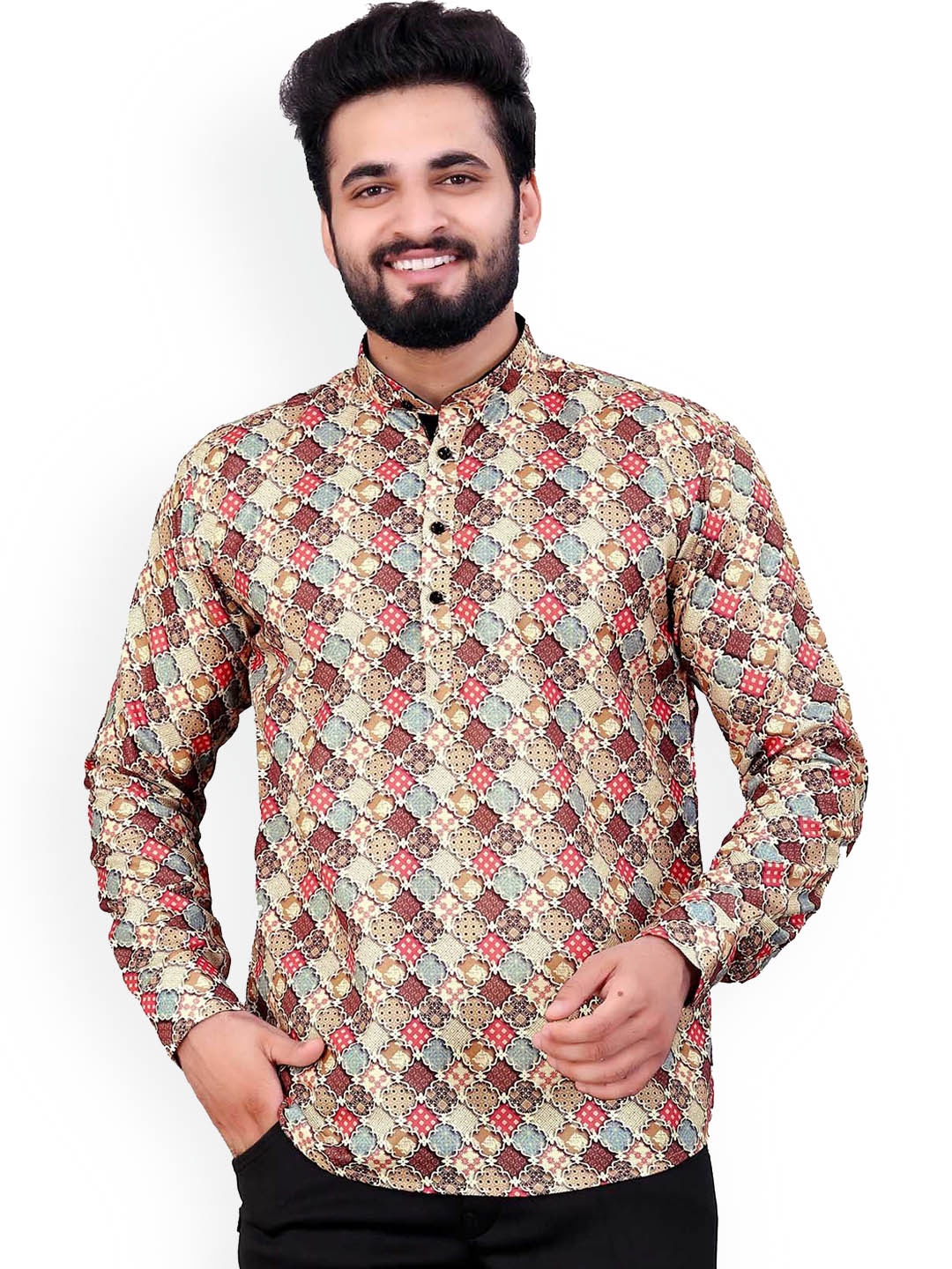 

Valencia Fashion Ethnic Motifs Printed Mandarin Collar Kurta, Beige