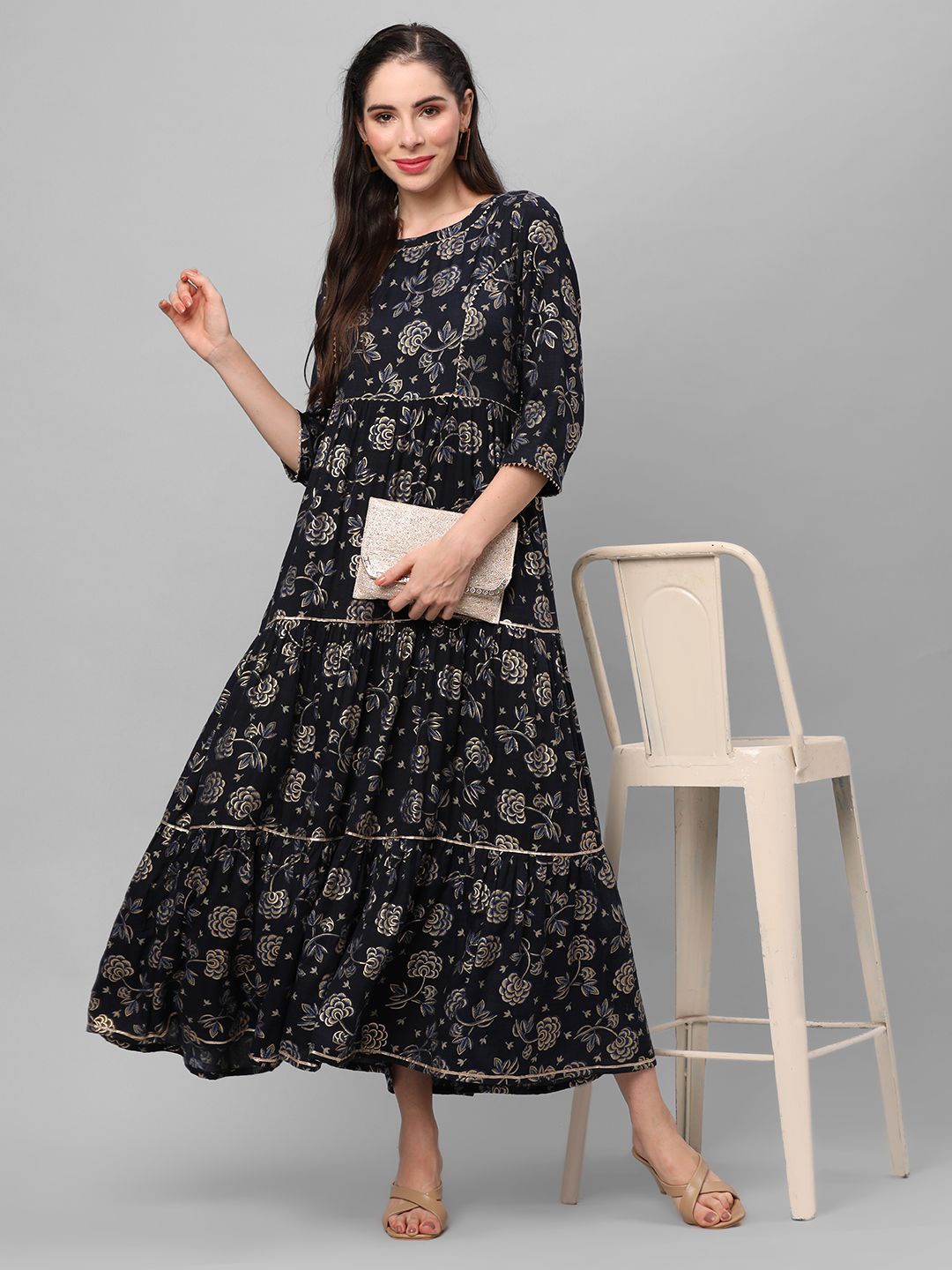 

Shree Women Floral Print Liva Maxi Dress, Navy blue