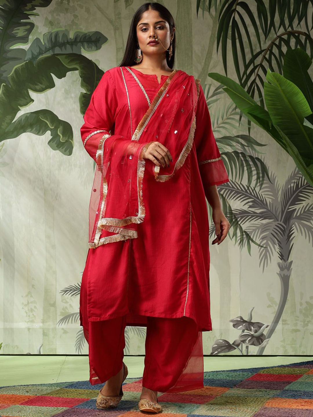 

Bani Women Plus Size Regular Regular Gotta Patti Straight Kurta with Palazzos & Dupatta, Fuchsia
