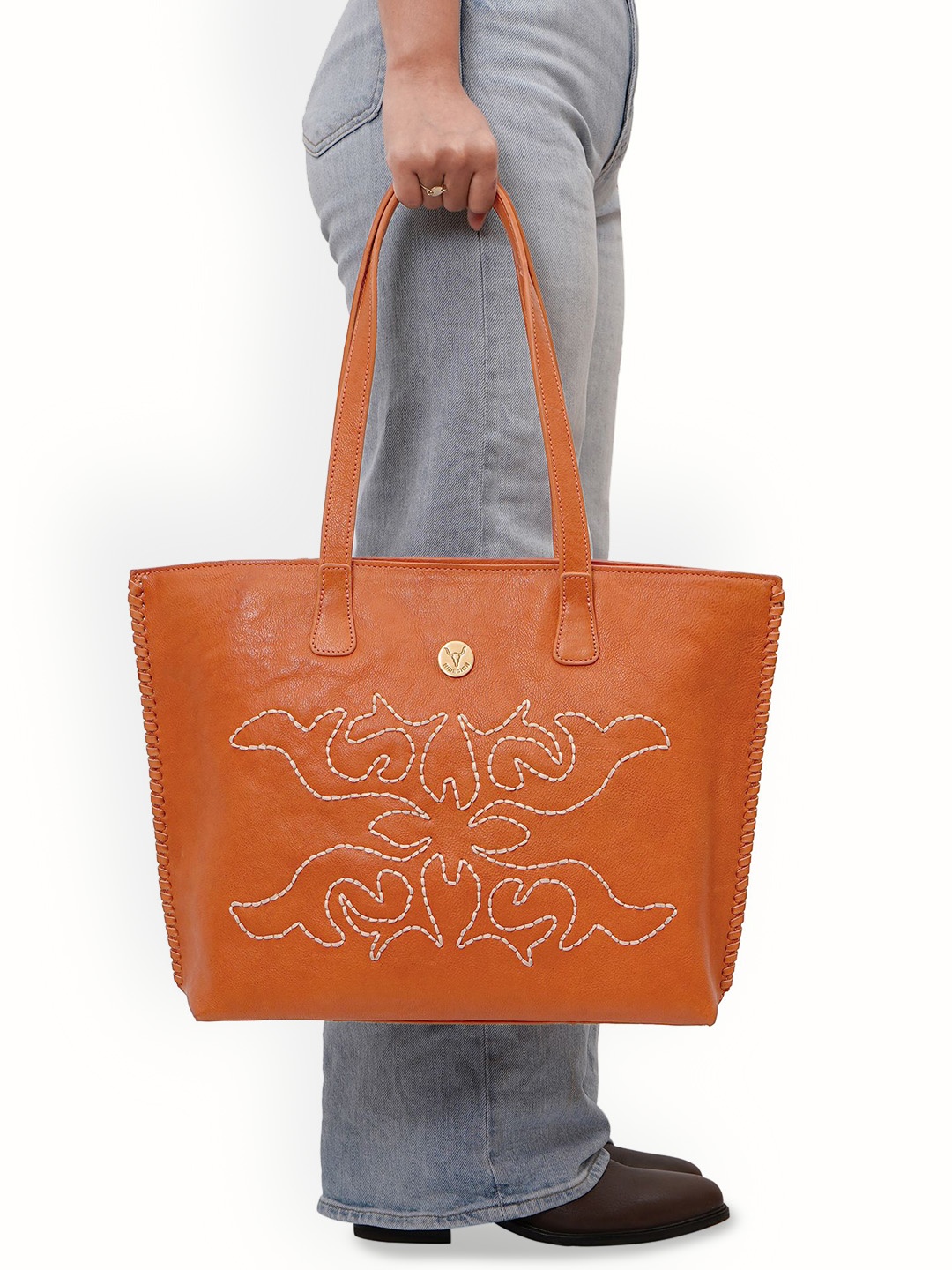 

Hidesign Textured Leather Shopper Shoulder Bag with Cut Work, Orange
