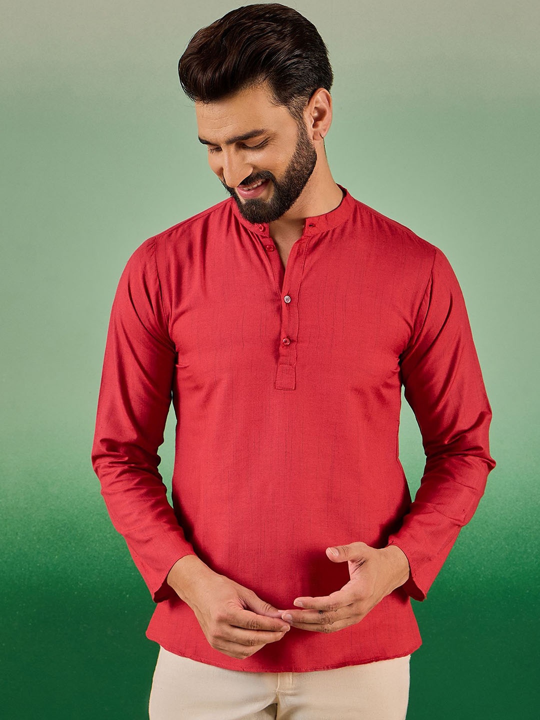 

Nimayaa Mandarin Collar Cotton Straight Short Kurta, Red