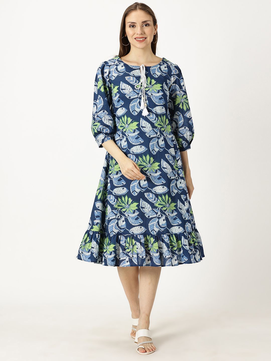 

Saffron Threads Floral Print Tie-Up Neck Puff Sleeve A-Line Midi Dress, Blue