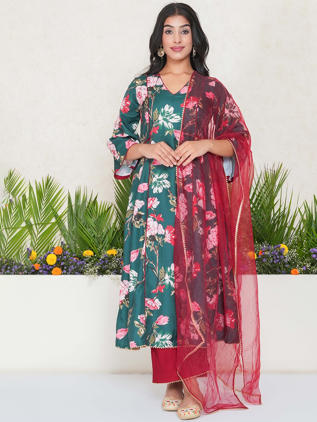 

Salvia Sky Floral Printed A-Line Panelled Kurta with Palazzos & Dupatta, Green