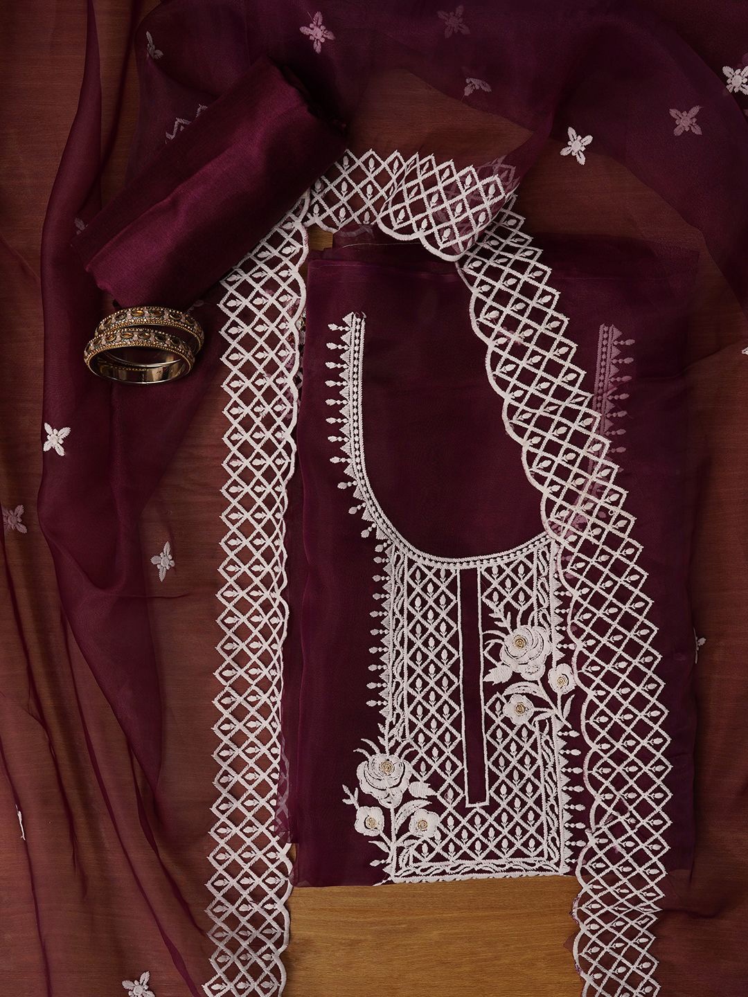 

Jaipur Kurti Unstitched Embroidered Organza Dress Material With Dupatta, Purple