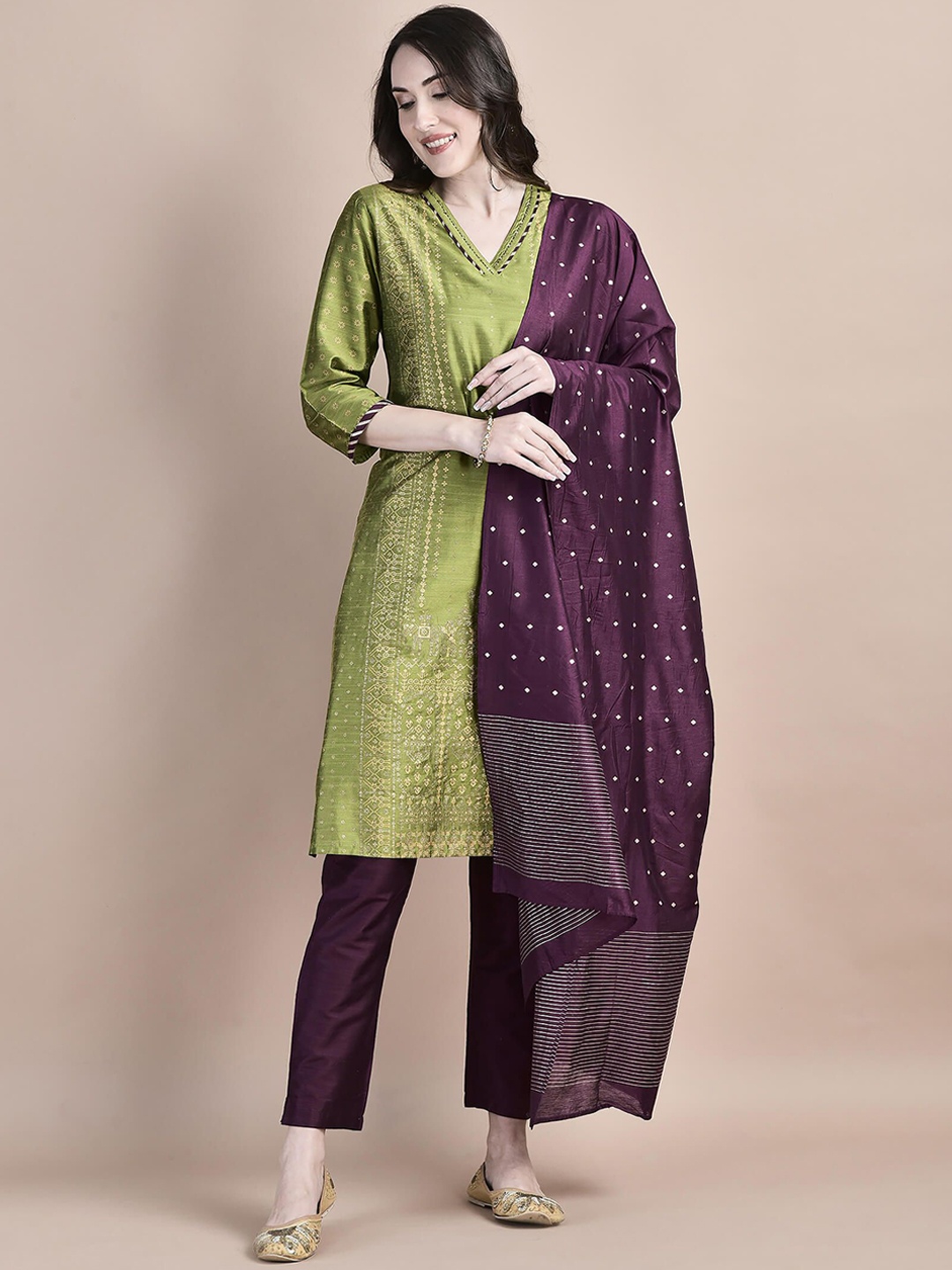 

Shree Floral Printed V-Neck Sequinned Straight Kurta With Trousers & Dupatta, Olive