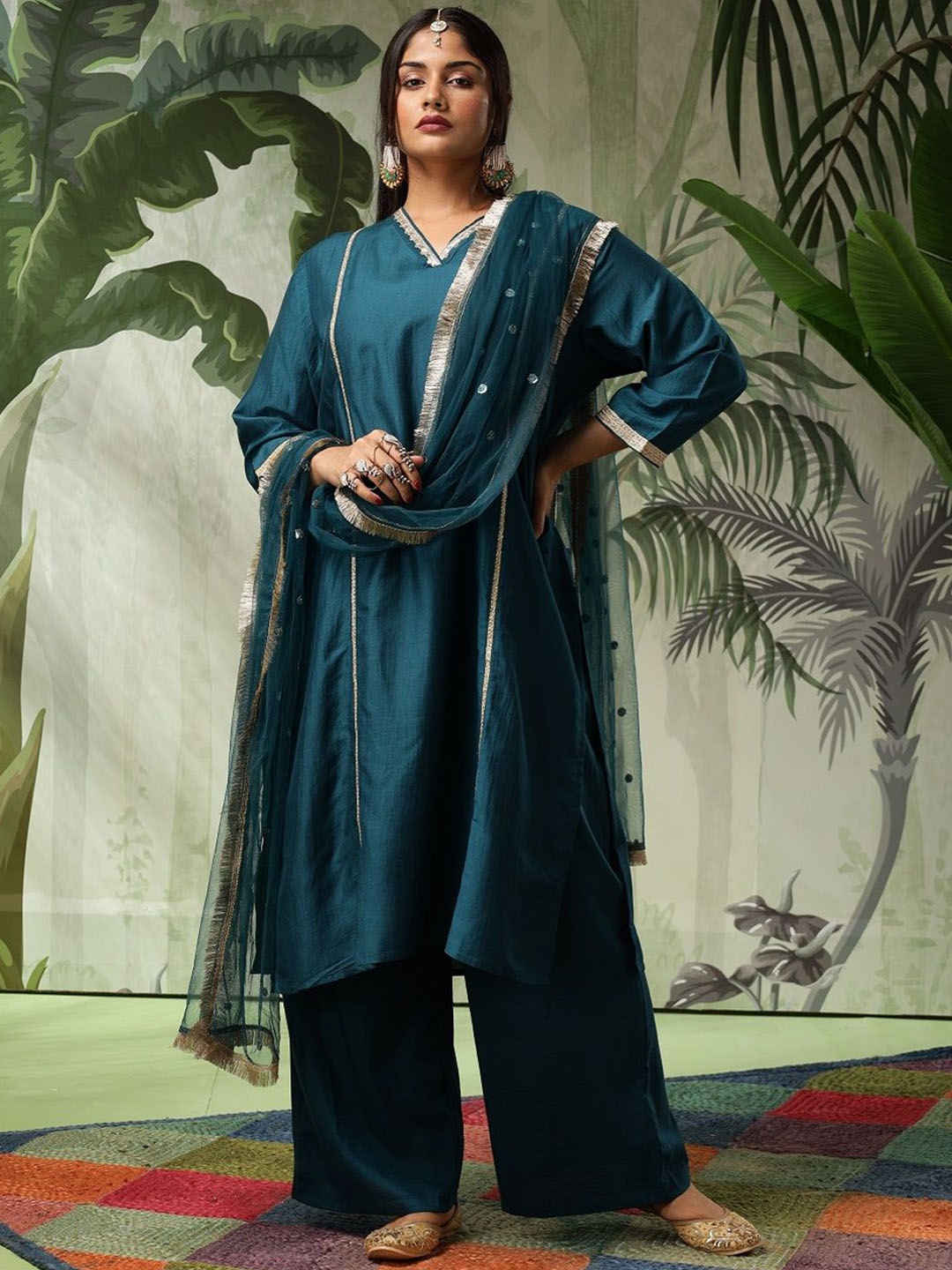 

Bani Women Plus Size Gotta Patti Straight Kurta With Palazzos & Dupatta, Teal