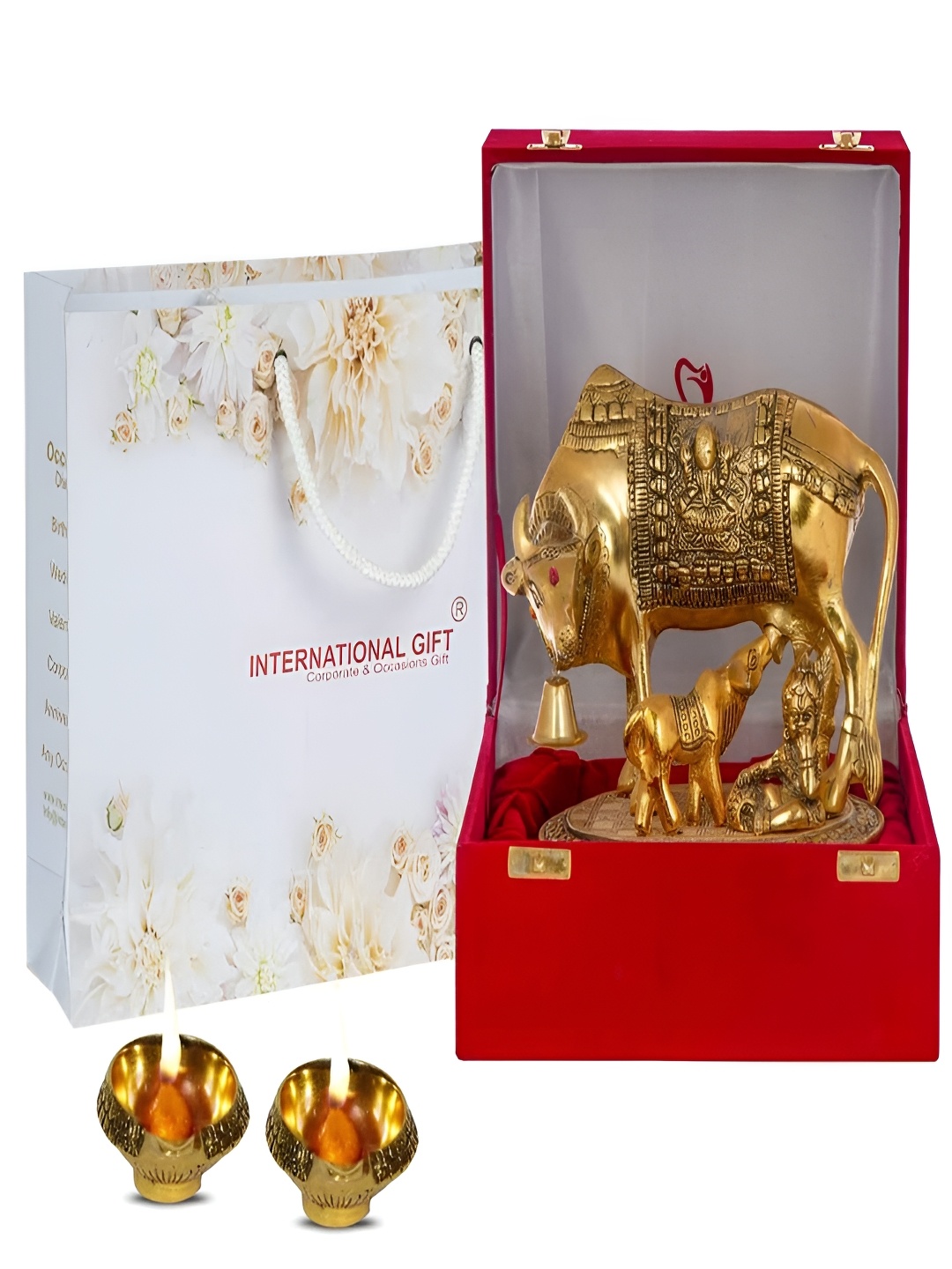 

INTERNATIONAL GIFT GoldToned 3 Pcs Kamdhenu Cow & Calf Idol Home Gift Sets, Gold