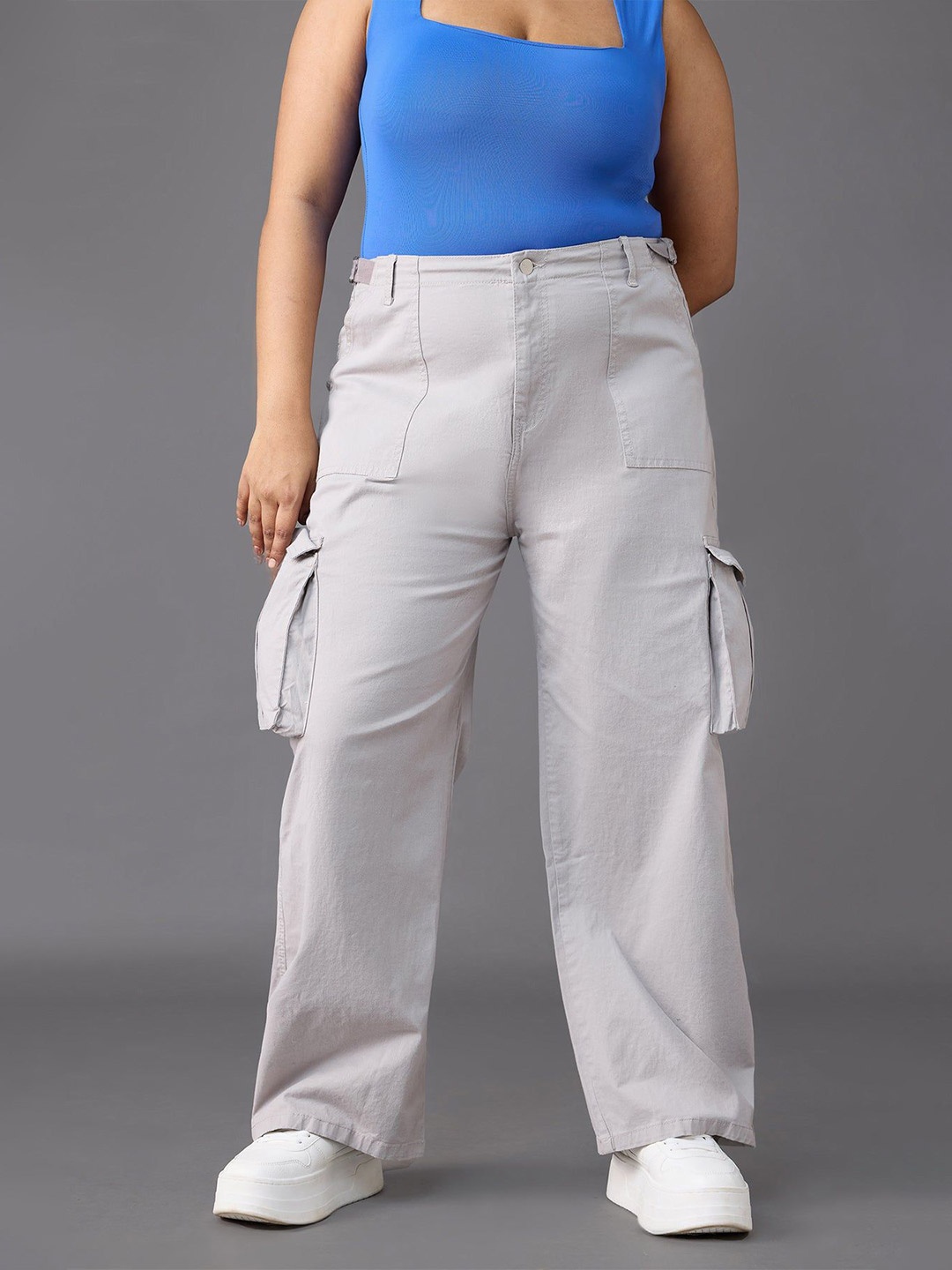 

FREAKINS Plus Size Women Relaxed Fit High-Rise Cotton Cargo Jeans, Beige