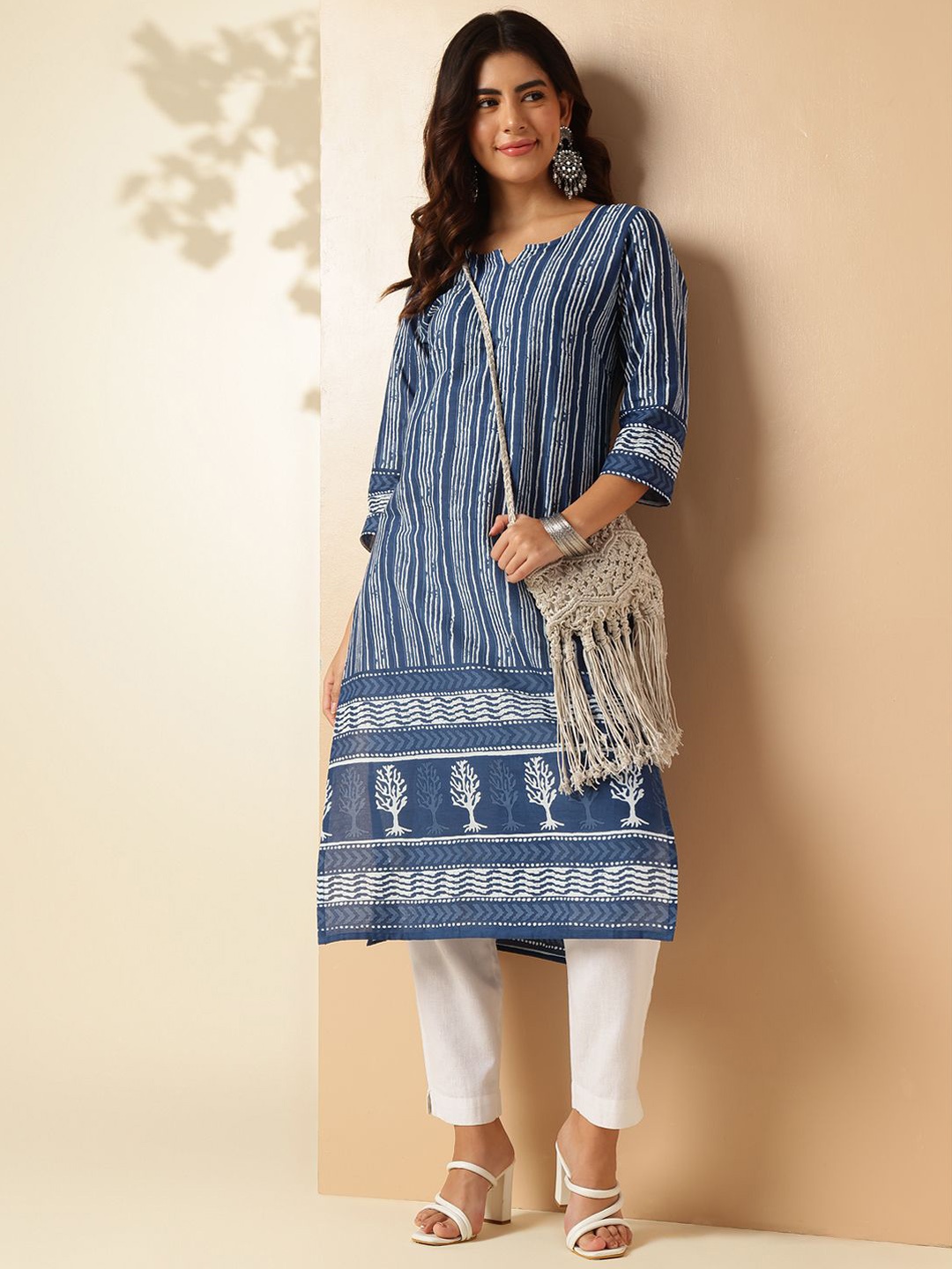 

Anouk Rustic Striped Printed Notched Neck Pure Cotton Straight Kurta, Blue