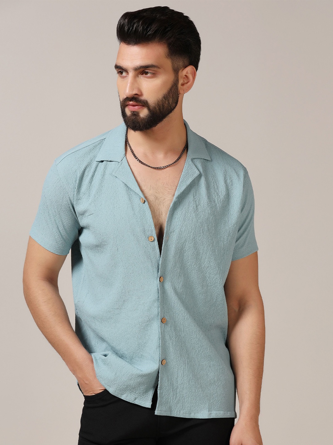 

TAGDO Men Standard Cuban Collar Textured Solid Casual Shirt, Blue